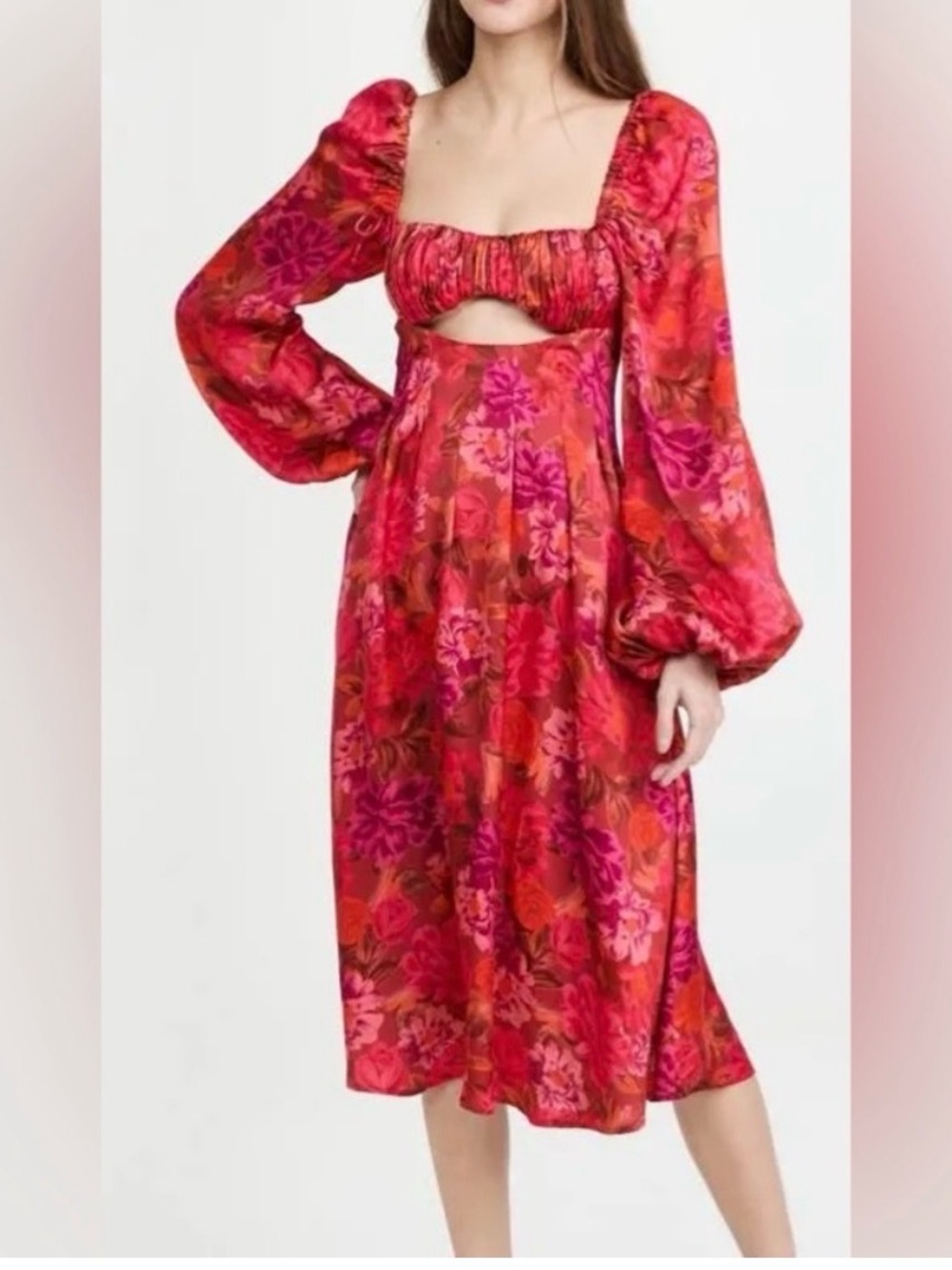 For Love & Lemons Floral Long-Sleeve Dress in Bright Pink and Red